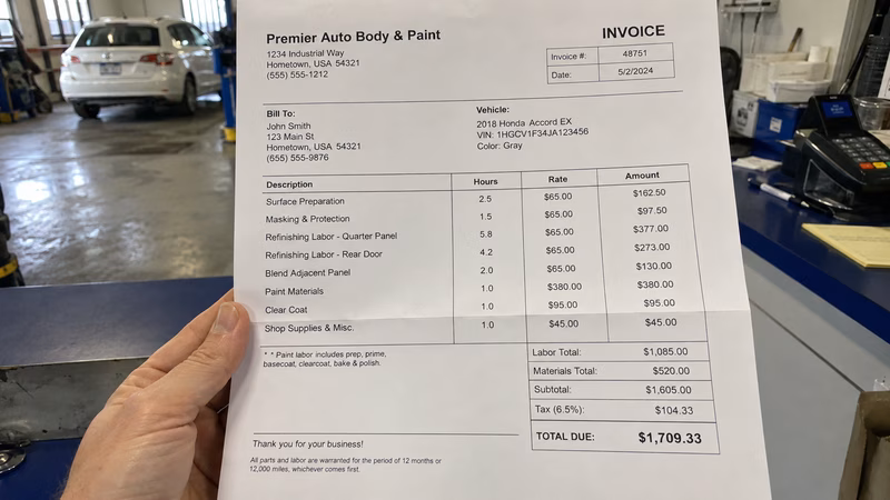 A close-up of a high-priced auto body repair shop invoice detailing expensive paint labor