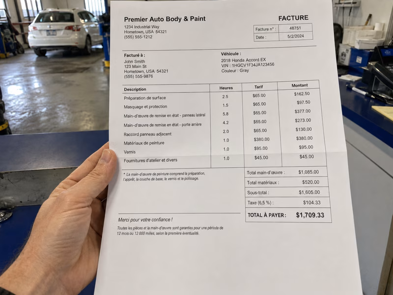 Un gros plan d'une facture de carrosserie automobile au prix élevé détaillant la main-d'œuvre coûteuse pour la peinture
